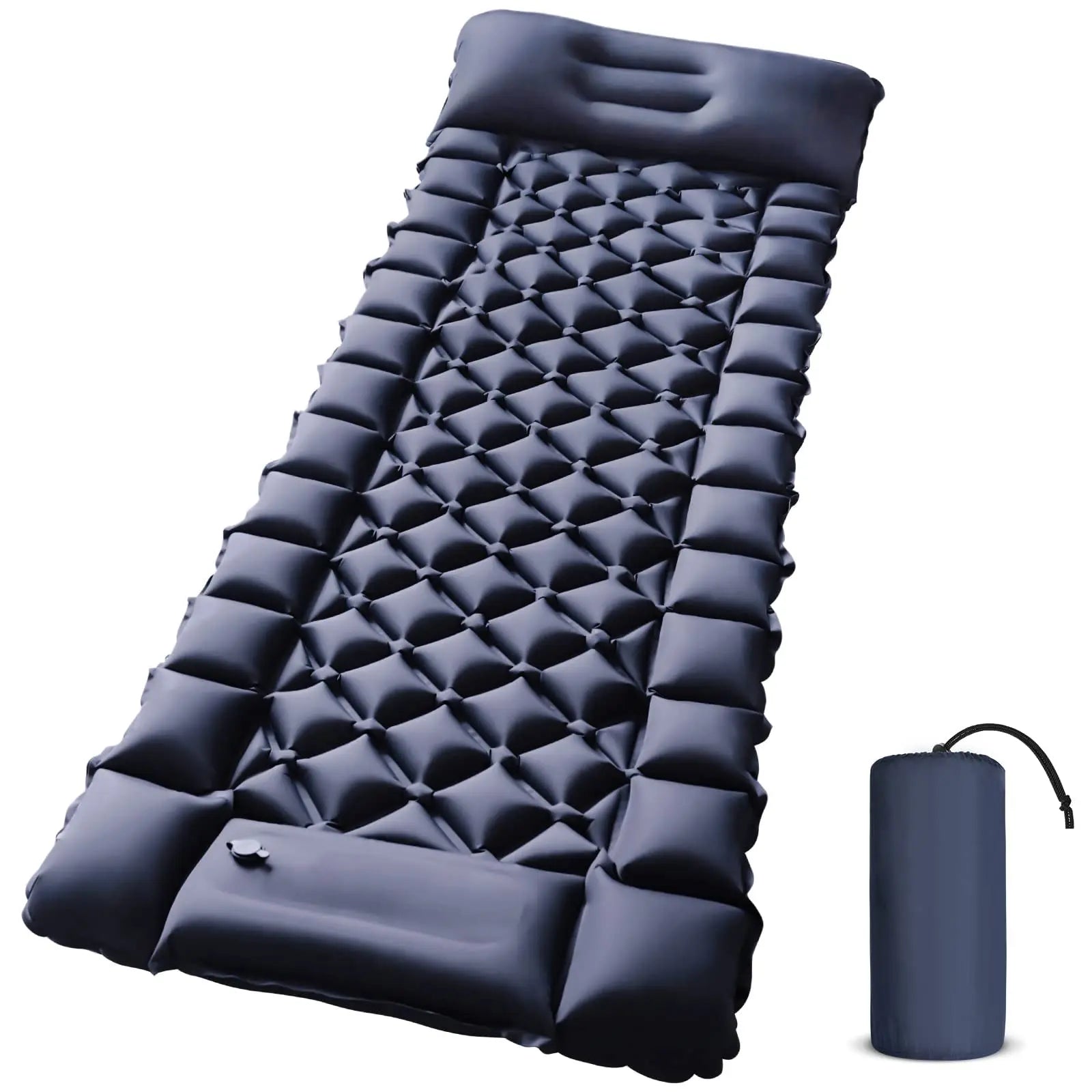 Black Single Inflatable Sleeping Pad  With Built-in Foot Pump Durable Compact Air Mattress for Camping Backpacking Hiking
