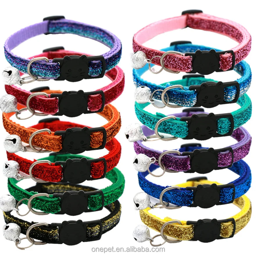 Cat Collar Pet Accessories Cat Face Collar Safety Buckle Glitter Velvet Bell Cat Collar