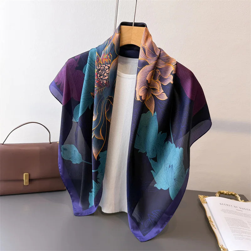 Fashion Accessories 90cm Square Scarf Vintage Floral Print Satin Lightweight Shawl Headscarf for Women