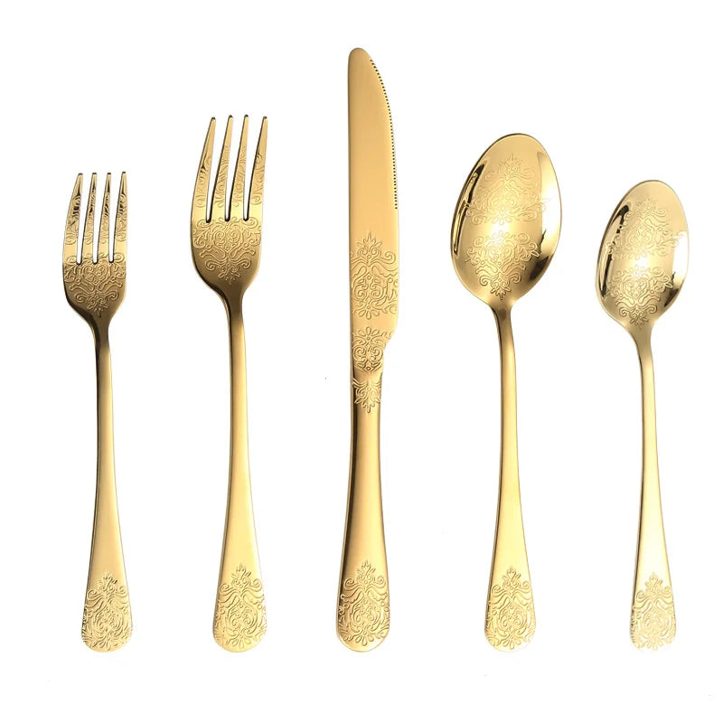 Elegant Stainless Steel Gold Cutlery Set Knife Fork Spoon Carved Cutlery Wedding Flatware Set