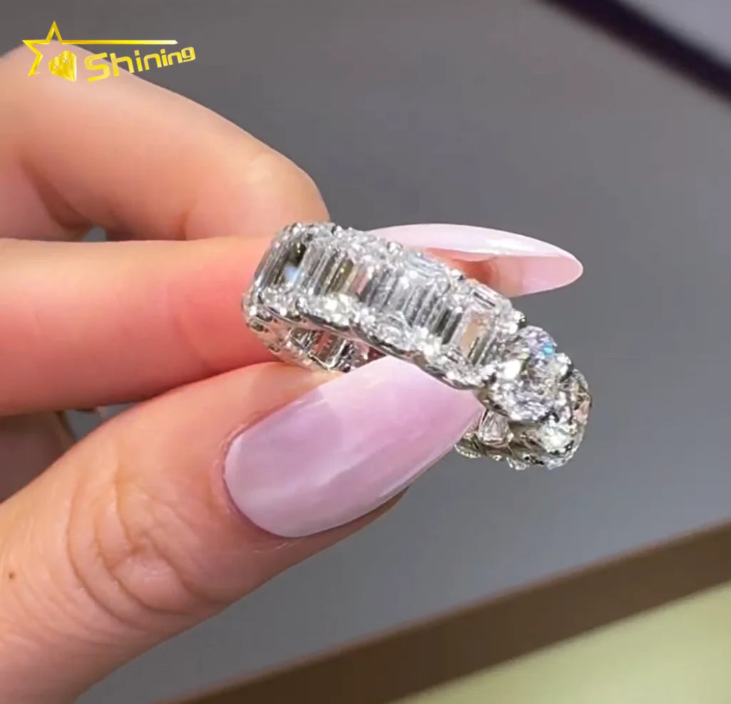 Factory Direct Sell 10K 14K 18K White Gold VVS D Color 3X5MM Emerald Cut Mix Round Brilliant Cut Lab Grown Diamond Ring Band