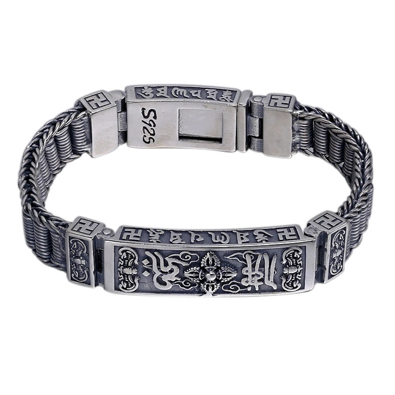 S925 Sterling Silver Jewelry Men's Buddha Word Six Words Truth Hand-woven Vajra and Pestle Bracelet Thai Retro Bracelet