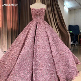 Beautiful Pink Off Shoulder Feather Evening Party Gowns Wedding Dress Jancember 7757