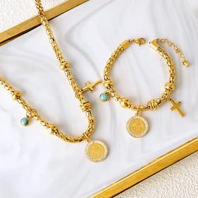 New Hip Hop Stainless Steel Jewelry Set Necklace Bracelet Non Tarnish 18k Gold Plated Cross 2 Pcs Set for Women