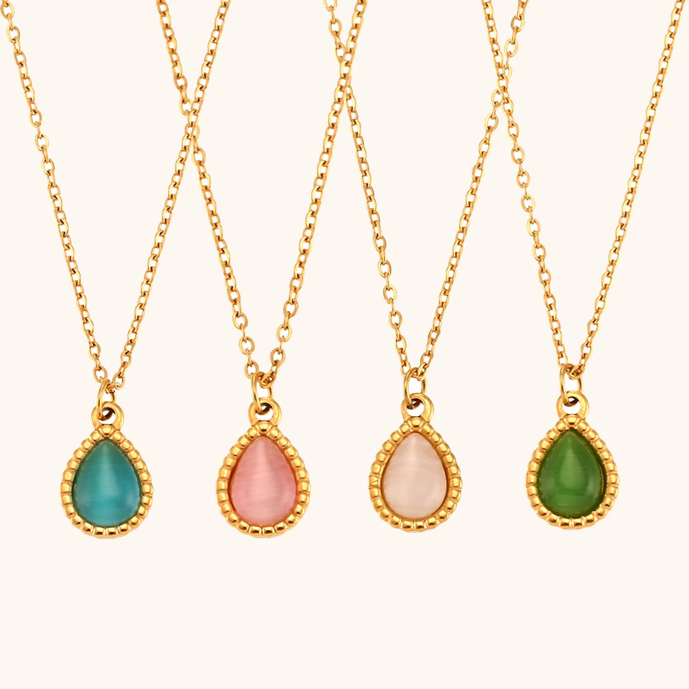Dingran Fashion Water Drop Opal  Pendant Necklace 18k Gold Plated Stainless Steel Necklace Water Proof Jewelry