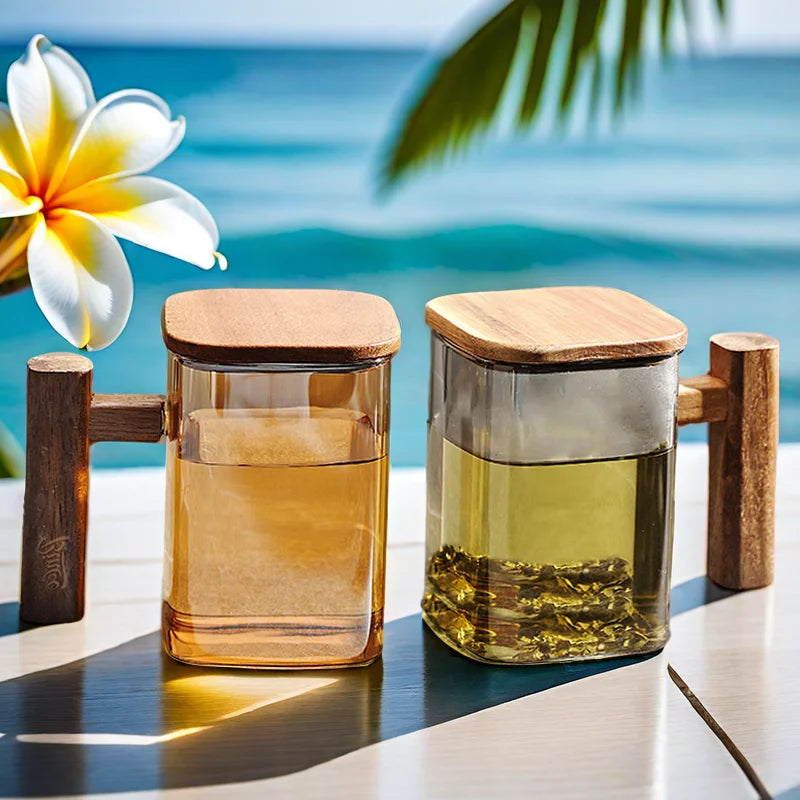 Personalized square Shaped 17oz Glass Milk Juice Coffee Mug with Bamboo Handle Glass Tea Cups with Bamboo Lids