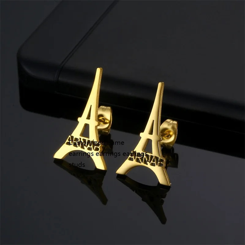 NEWNORTH Custom Name Earrings Stainless Steel Jewelry 18K Gold Plated Personalized Eiffel Tower Name Stud Earrings for Woman