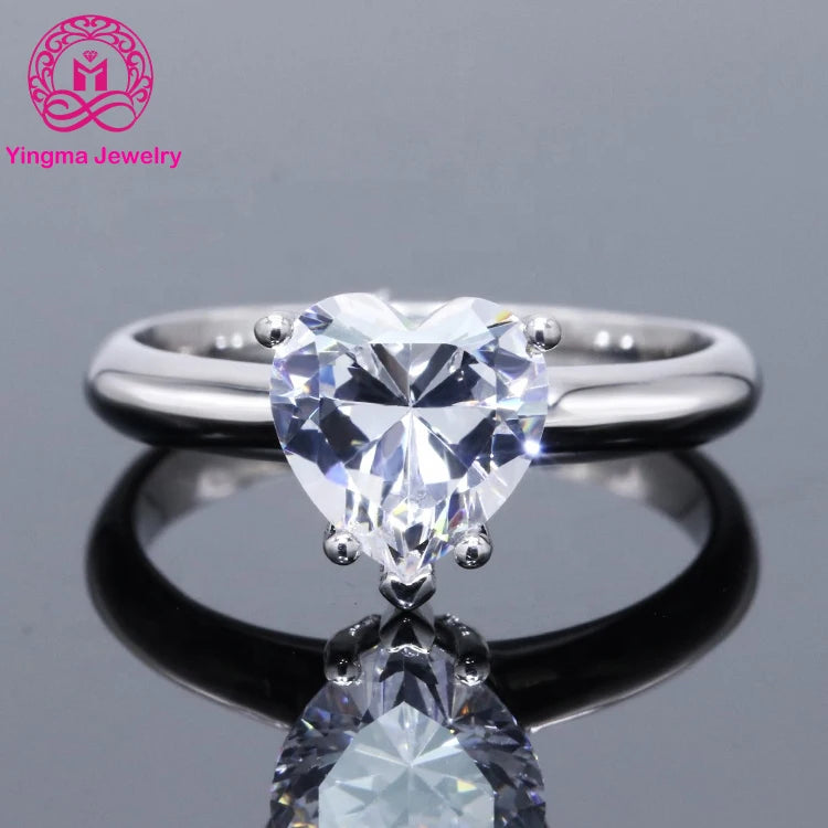 8x8mm Heart Shape Moissanite Diamond Ring Silver 925 with White Gold Plated Fancy 2ct Moissanite Ring for Wedding Engagement