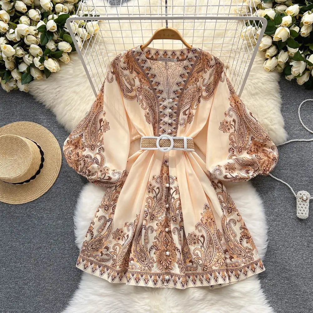 Spring and Summer New French Retro Resort Style V-Neck Lantern Sleeve Printed Dress