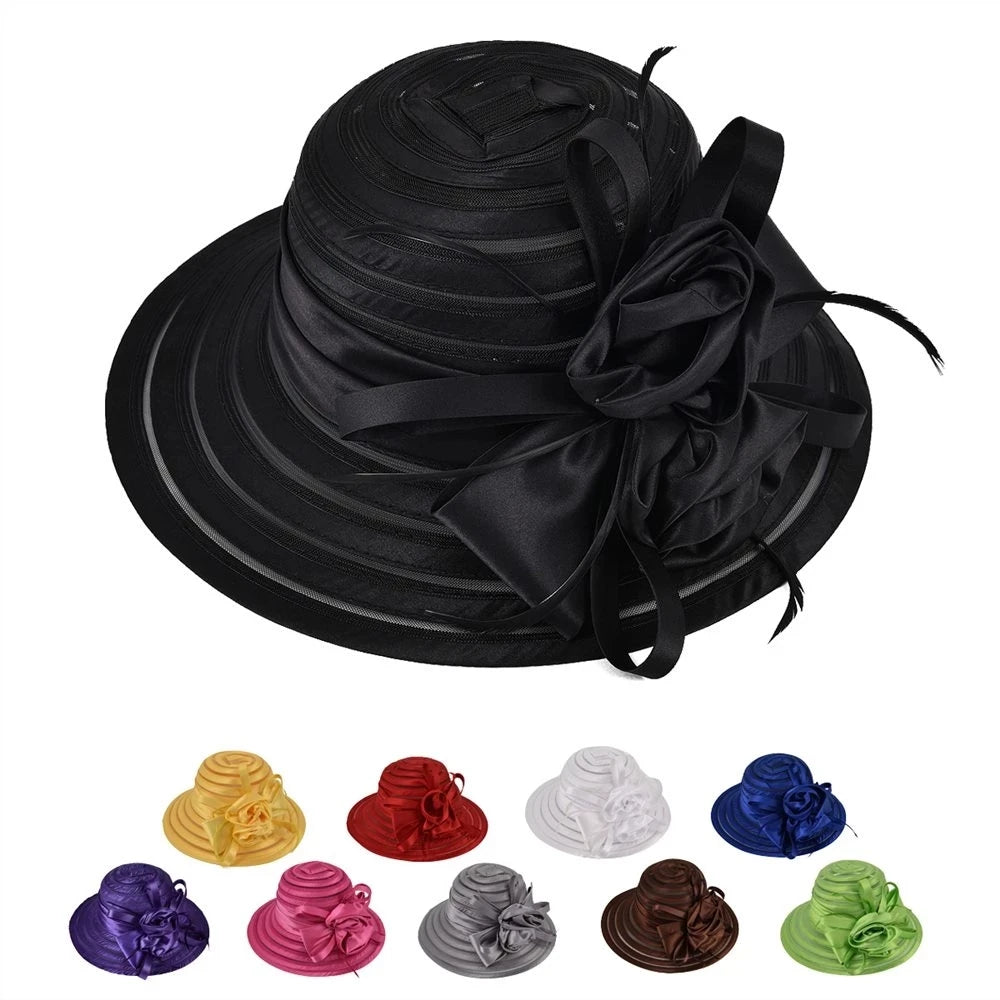 Summer Mesh Satin  Church Hats for Women Foldable  Wedding Party Dress Hat for Ladies