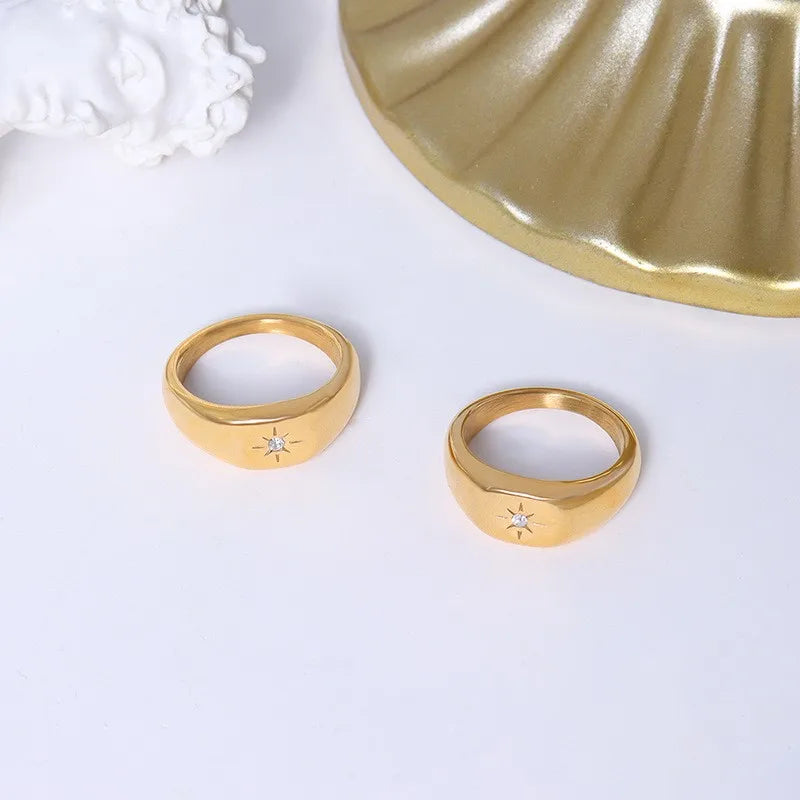 Simple Chunky Oval Flat Top Rings 18K Gold Plated 316L Stainless Steel Shiny Zircon Inlay Star Blank Signet Enamel Finger Rings