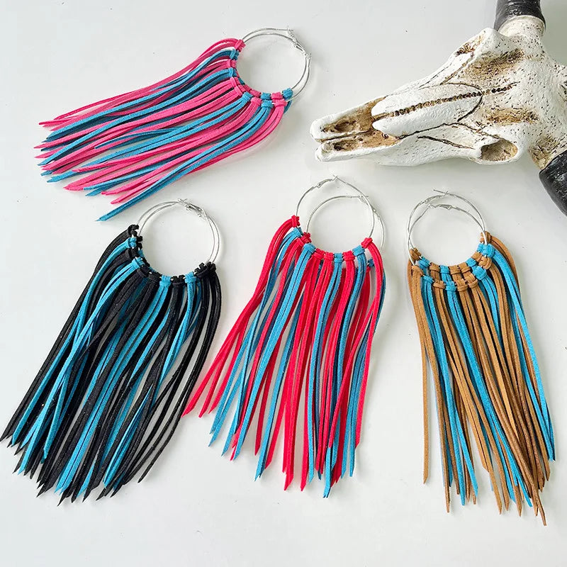 Western Cowboy Long Leather Dangle Earrings Exaggerated Color Blocking Thick Tassel Hoop Earrings Wholesale