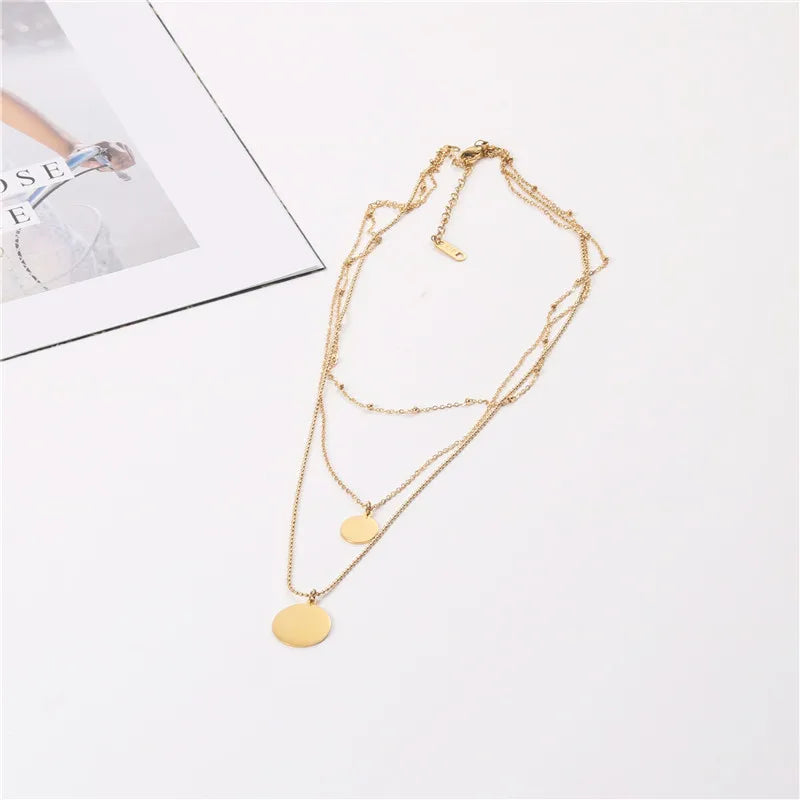 Joolim Jewelry 18K Gold Plated Multi-layer Wafer Pendant Statement Necklace Stainless Steel Jewelry Wholesale