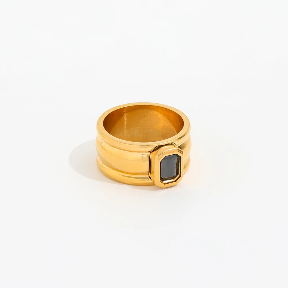 Joolim High End 18K Gold Plated Stainless Steel Black Zirconia Chunky Gourd Band Rings for Women Finger Ring Wholesale