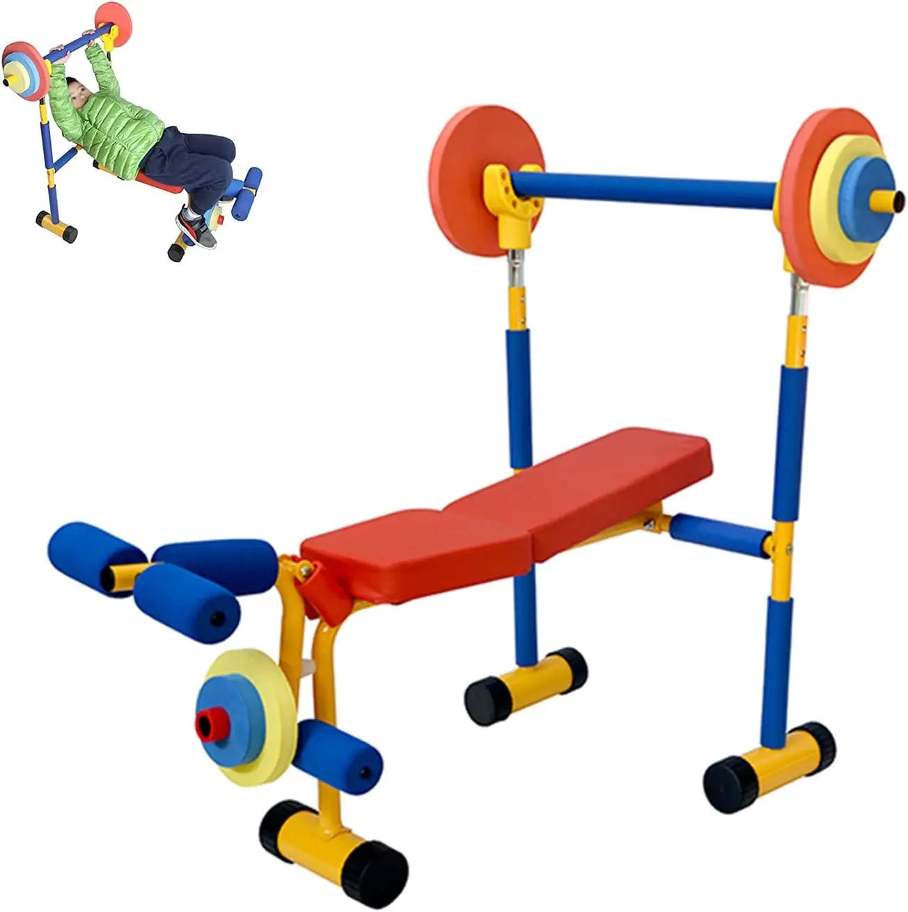 Wellshow Fun and Fitness Exercise Equipment for Kids Weight Bench Set Toddler Gym for Beginner Exercises