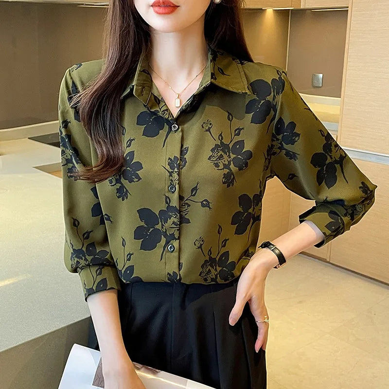 New Women Turn Down V-Neck Solid Chiffon Office Lady Blouse Summer Spring Tops