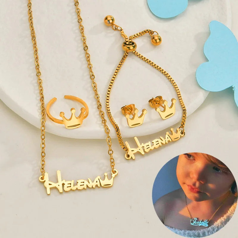 Custom Name Cute Baby Jewelry Set for Date of Birth Stainless Steel Necklace Bracelet Earring Ring 18K Gold Plated Gift