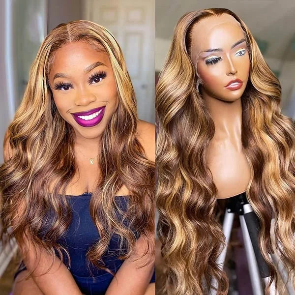 Natrual Black Blonde Highlights Wig Mix Color Body Wave Curly Pre Plucked Hd Transparent Lace Front Raw Virgin Human Hair Wigs