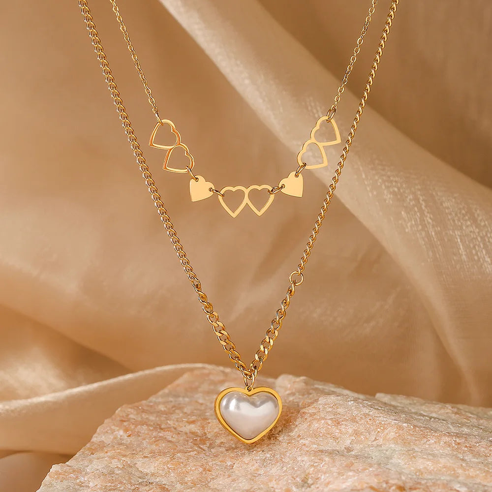 Simple Design Non-fading Stainless Steel Pearl Heart Necklace Stackable Double Layer 18K Gold Pearl Heart Pendant Necklace