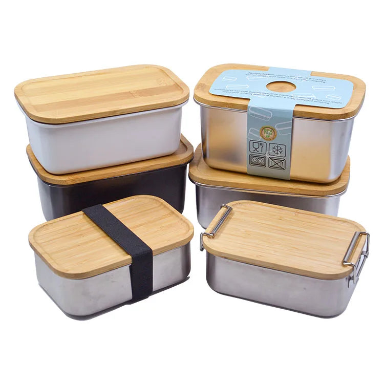 Eco Friendly 304 Stainless Steel Bento Lunch Box Set Bamboo Wood Lid for Kids 1000Ml 1400Ml