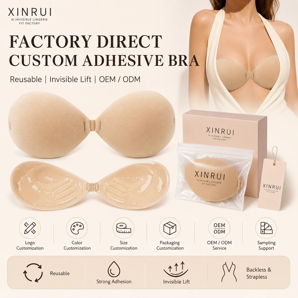 Invisible Lift Stick-On Sponge Breathable Front Closure Full Cup Wire Free Reusable Backless Strapless Adhesive Bra for Adults