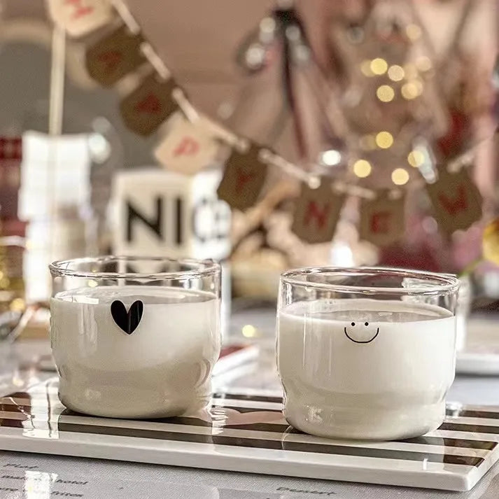Clear Glass Cup Cartoon Printed Smiling Face Single-layer Household Cocktail Glasses for Milk Dessert Coffee Yogurt Glass Mugs