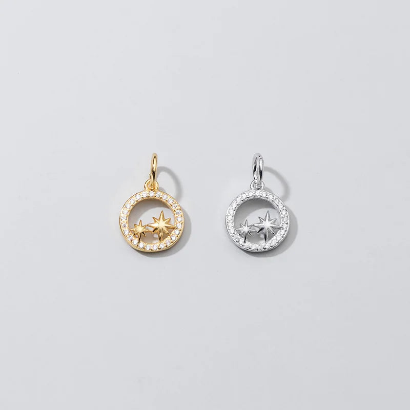 9mm Rhodium Plated North Star Charm 925 Sterling Silver Round CZ North Star Charms for Jewelry Making