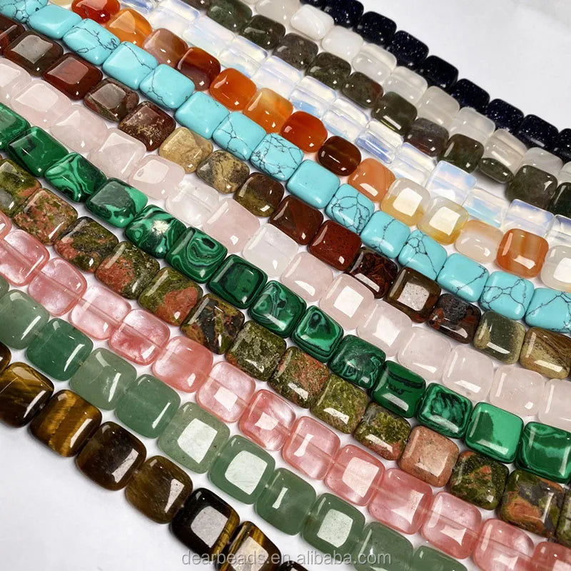 Wholesale Polish Flat Square Shape Gemstone Beads Strand Aventurine Multi Agate for DIY Jewelry Making 12mm Length 38cm 15"