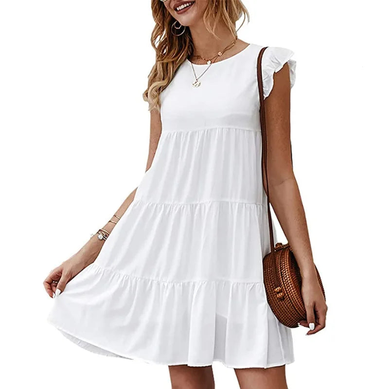 Summer New Women's Solid Color Round Neck Short Sleeve Casual Cake Dress Ruffled Large Swing Dress for Women Custom OEM/ODM