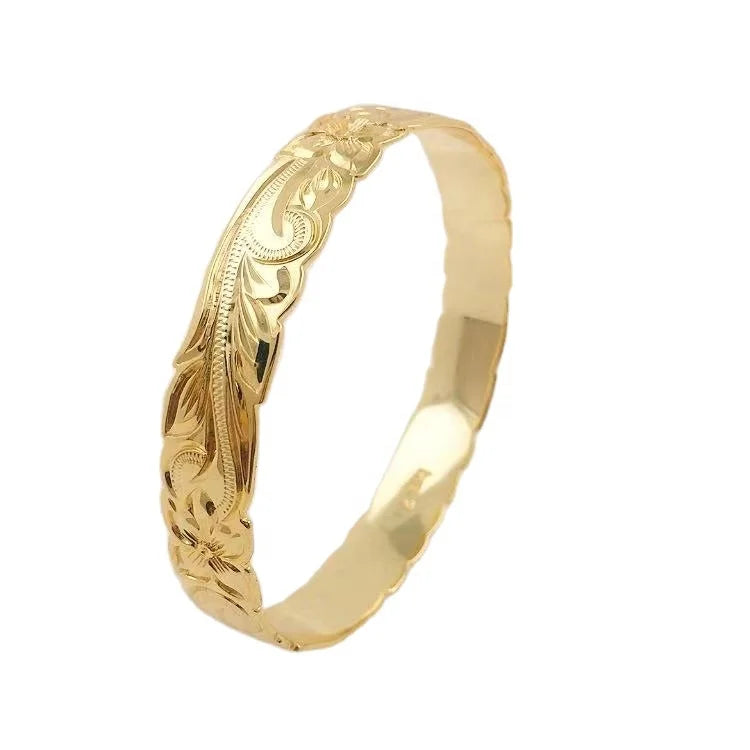 JX111  Plumeria Bracelet Hawaiian Polynesian Traditional Heirloom Scroll Oval Shape Bangle 14k Gold Plated Samoan Jewelry