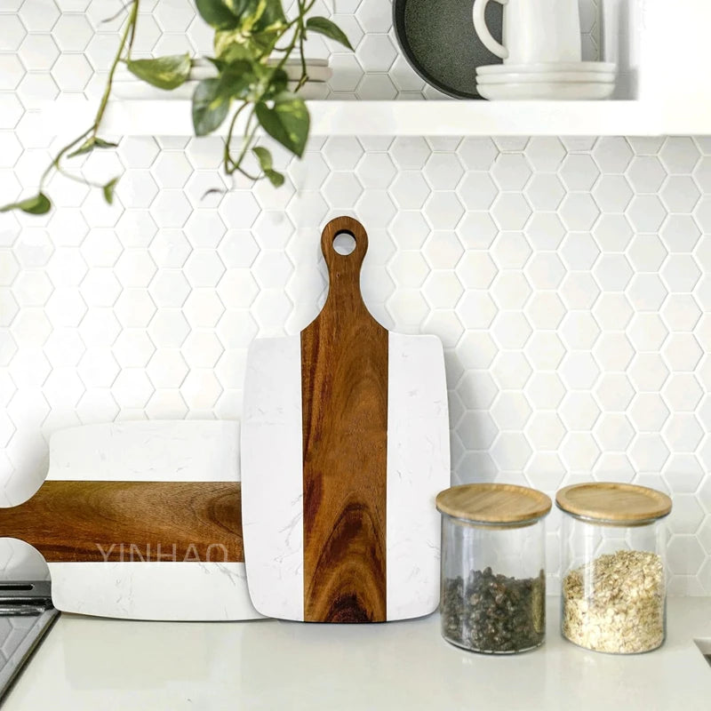Customized Logo Serving Tray Acacia Wood and White Marble Cheese Cutting Board with Handle