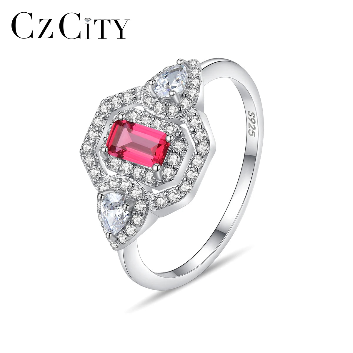 CZCITY 2026 Fashion Charm Ring Simple 925 Sterling Silver Red Ruby Synthetic Gemstone Engagement Party Ring Wholesale