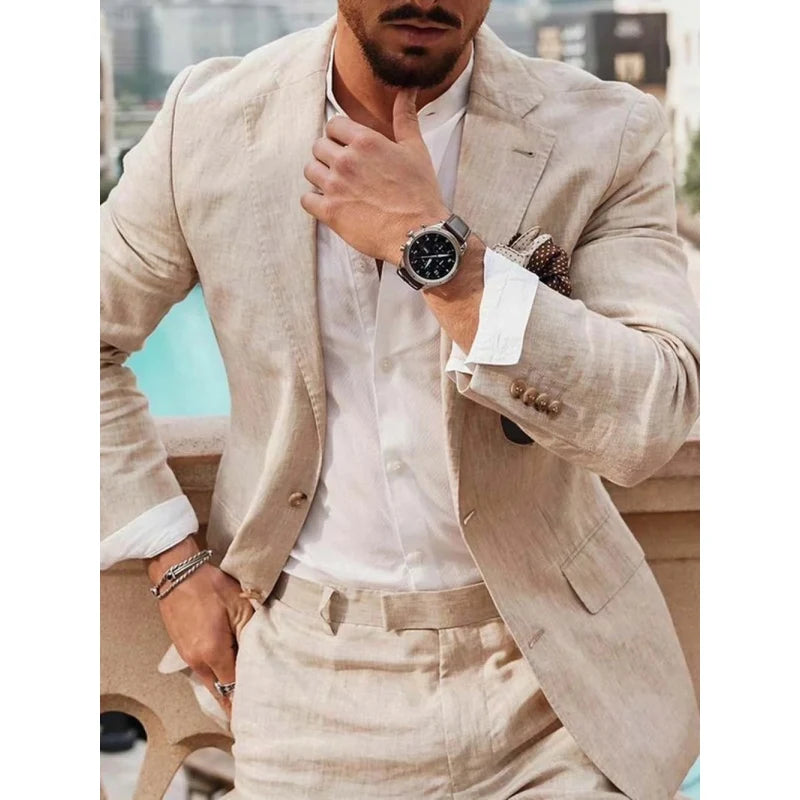 Summer Beach Business Linen Men Suits Tailor Made 2Pcs Jacket With Pants Formal Tuxedo Blazer Trousers Party Wear Man's Clothing