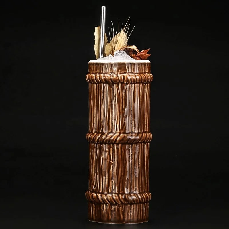 Wholesale  Bamboo Tube Texture Shaped Tiki Mug Hawaii Style Ceramic Cup Personalized Brown Cups Barware Cocktail Tiki Mugs