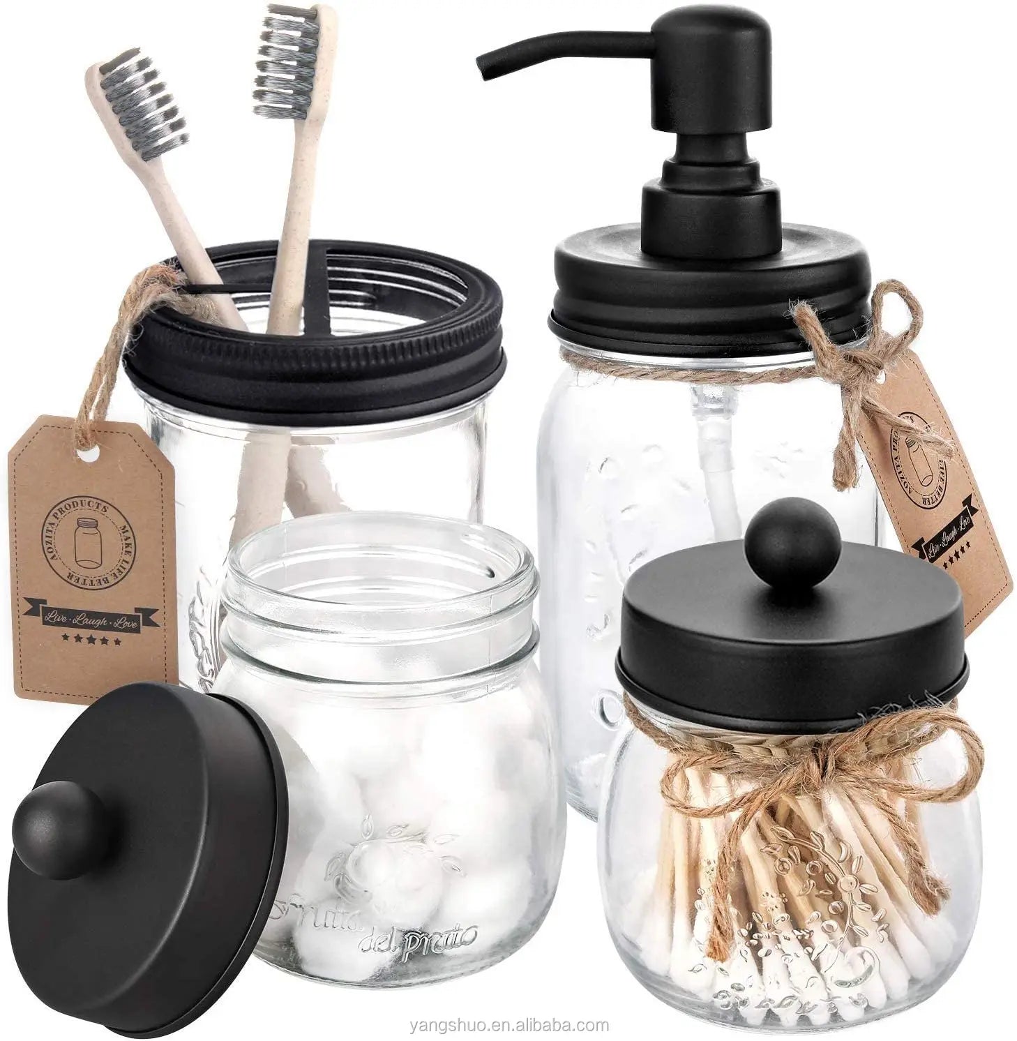 4-Piece Eco-Friendly Glass Bathroom Accessories Set Soap Dispenser Toiletries Storage Jars Custom Logo Option for Home