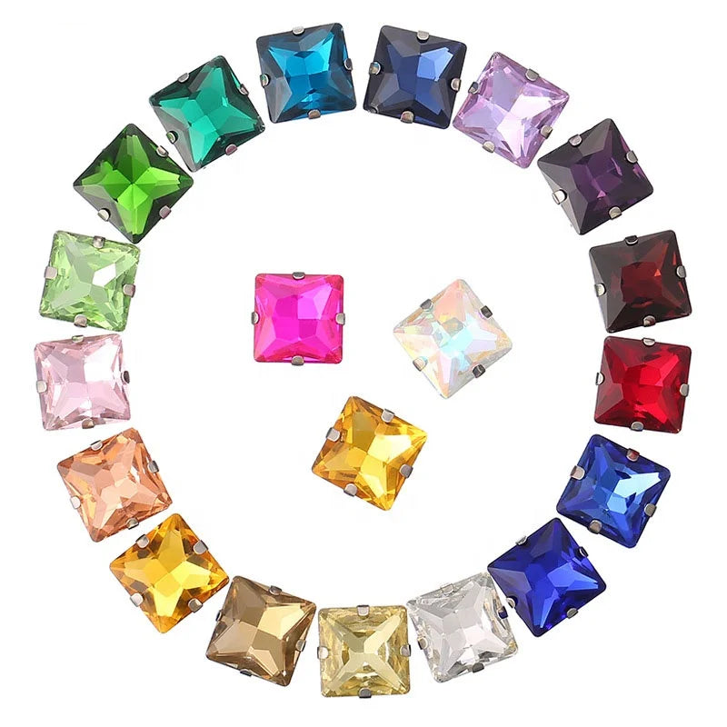 HFOUR Factory Price Silver Square Shape Glass Rhinestones 8-14mm Flatback Sewn Setting for Dresses