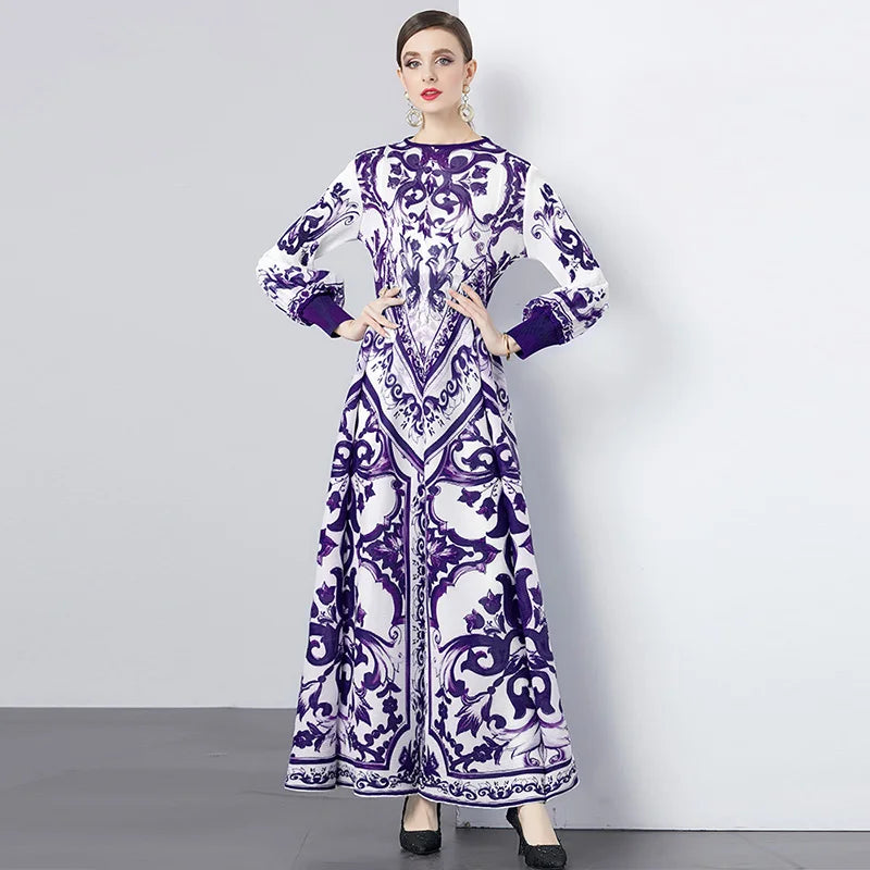 Hot Factory Direct Elegant Floral Persian Pattern Bohemian Ruched Woven Pleated Plus Size Knee-Length Women's Dress