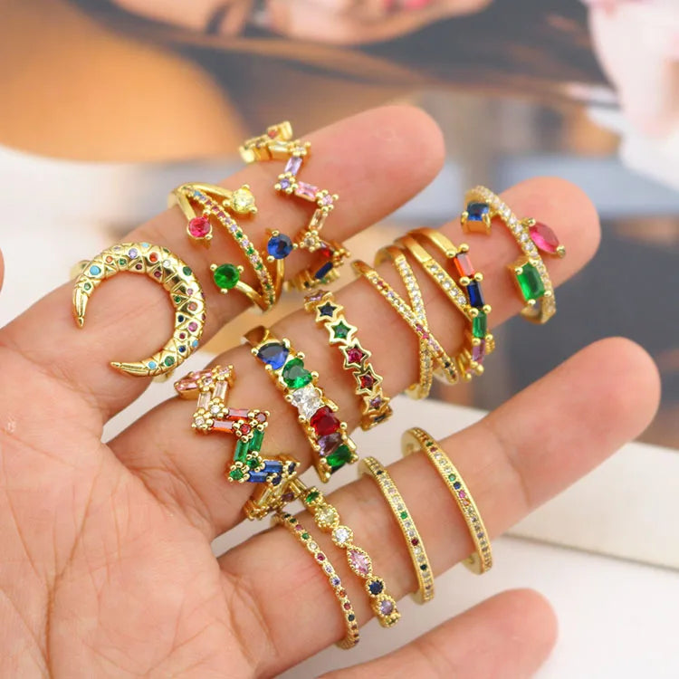 RM1167 Dainty Celestial Jewelry Chic Gold Rainbow Cubic Zirconia CZ Micro Pave Crescent Moon Stackable Finger Rings for Ladies