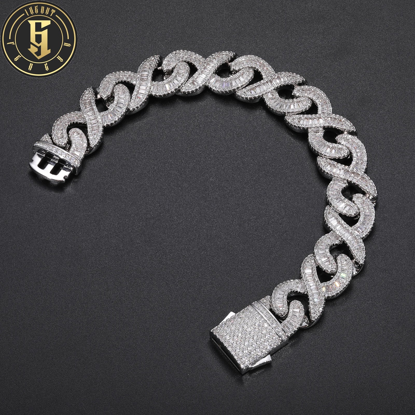 Punk Street Style Boy Hip Hop Jewelry White Gold Brass Baguette 5A Zircon Diamond Infinity Cuban Link Bracelet