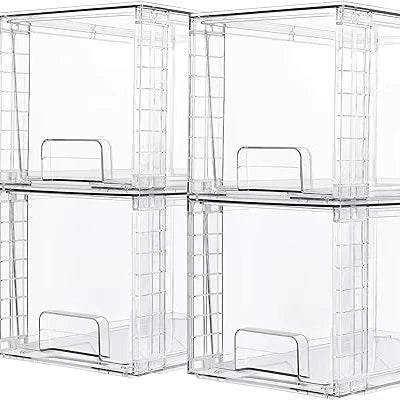 4 Pack Clear Acrylic Large Stackable Storage Drawers Easy-to-Assemble Drawer Organizers Handles Bathroom Undersink Cabinet