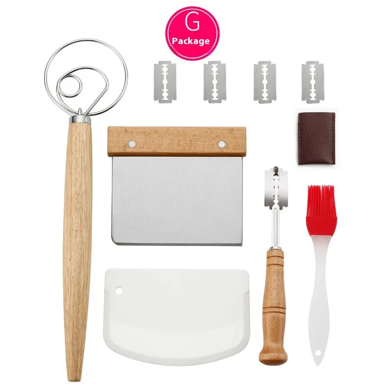 European Food Grade Baking Pastry Tools Set Flour Coil Mixer Bread Cutter Scraper Wood Stand Metal Silicone Steel-Different