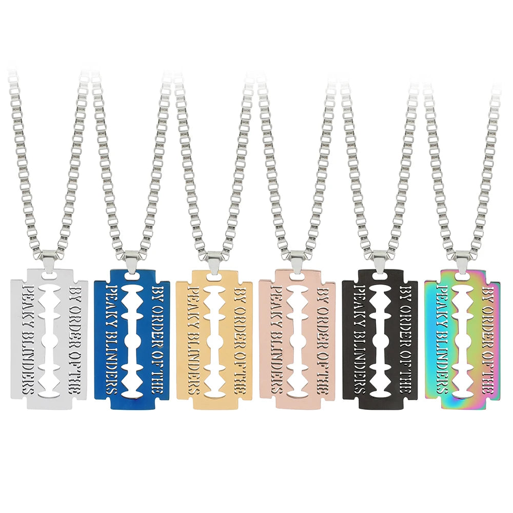 Stainless Steel Man Punk Jewelry Engraved Hollow Razor Blade Pendant Necklace High Polished Link Chain Silver Plated Sweater