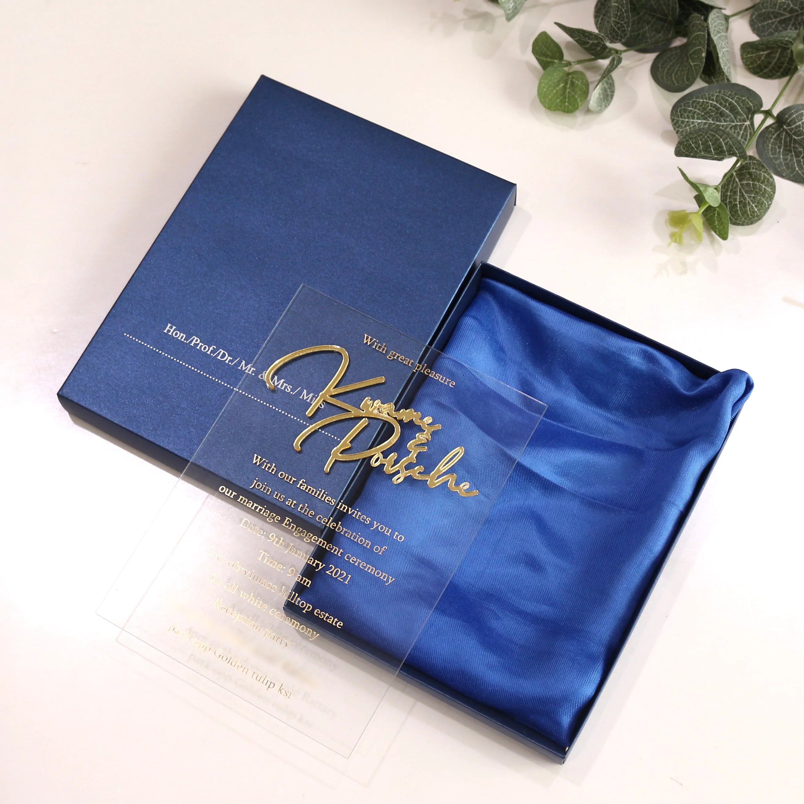 Exquisite Transparent Gold Foil Clear Acrylic Invitation With White Foil Blue Paper Box for Wedding Invitation Event