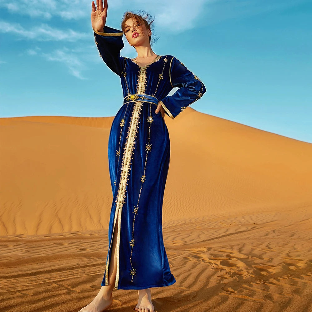 UNI Particular Design Women's Dress V-Neck Diamonds High Waisted Long Dress Arab Women Abayas