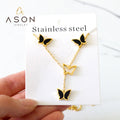 Ason Fashion 18k Gold Plating Stainless Steel Women Necklace Pendant and Studs Earrings Butterfly Necklace Jewelry Set for Woman