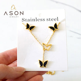 Ason Fashion 18k Gold Plating Stainless Steel Women Necklace Pendant and Studs Earrings Butterfly Necklace Jewelry Set for Woman