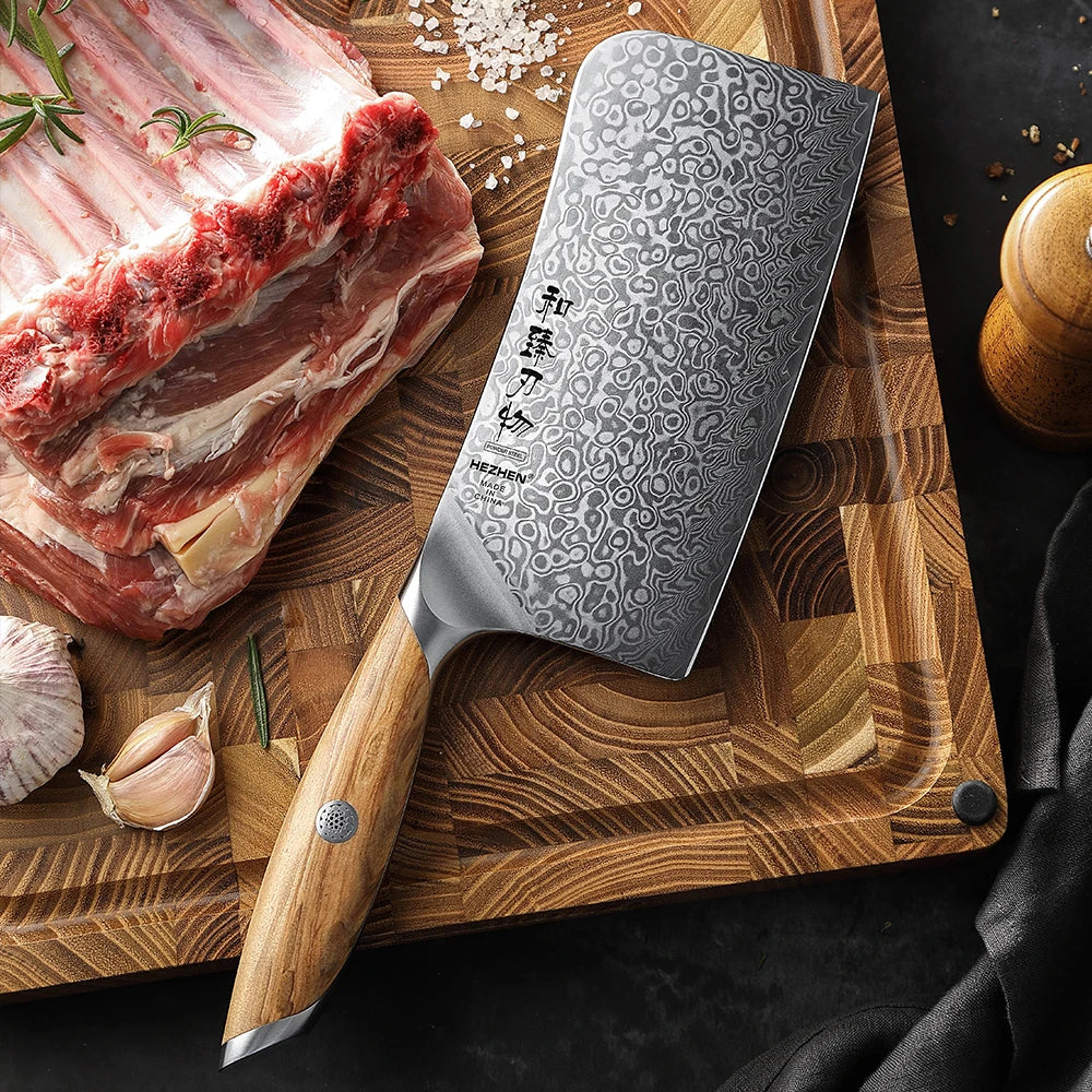 HEZHEN New Chopper Knife 67 Layers Damascus Steel Olive Wood Handle Sharp Kitchen Bone Chopping