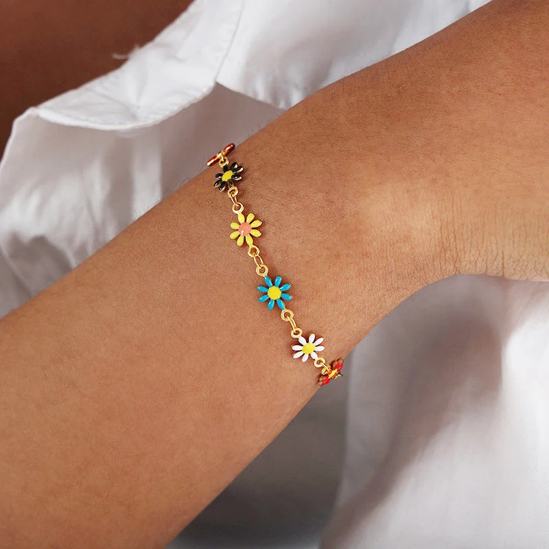 Cute Trendy Summer Jewelry Adjustable 18K Gold Chain Stainless Steel Colorful Daisy Flower Charm Bracelet for Children Girls