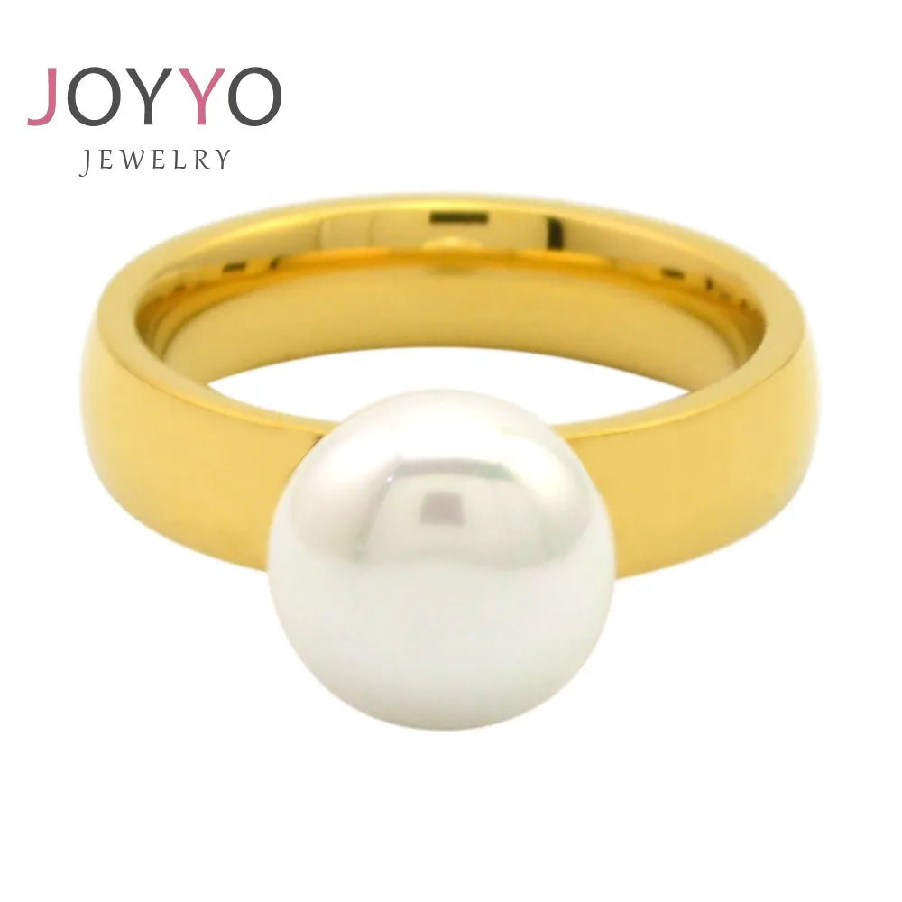 Trendy Women's Pearl Ring Gold Plated Stainless Steel Wedding Band for Engagement Party & Anniversary