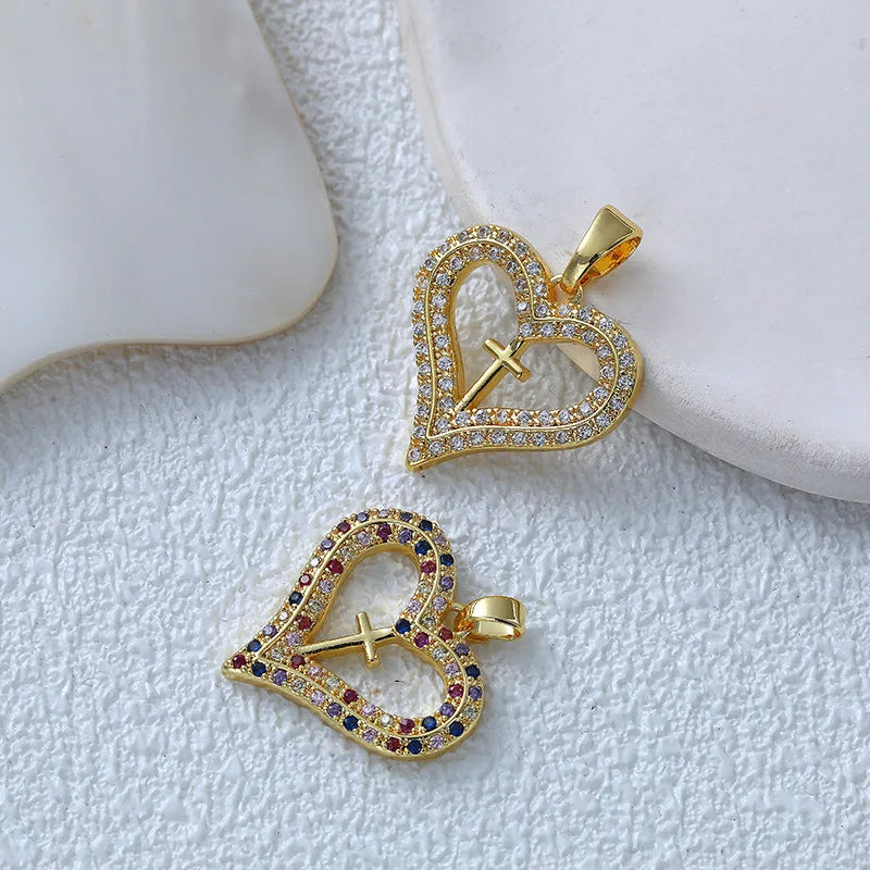 High-Grade 14K Gold Plated Brass Hip Hop Themed Love Cross Zircon Pendant with Collar Bone Chain Necklace Unisex